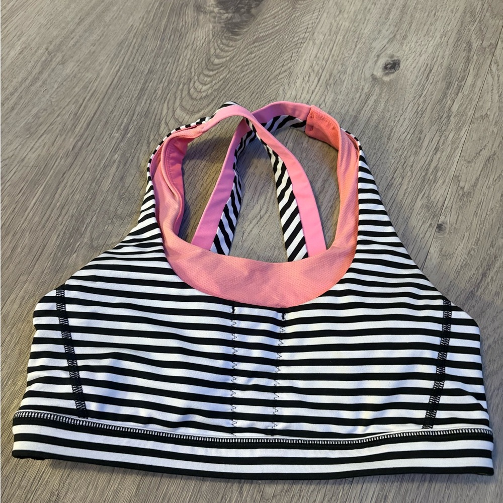 Lululemon Athletica Black and White Striped Sports Bra with Pink Trim